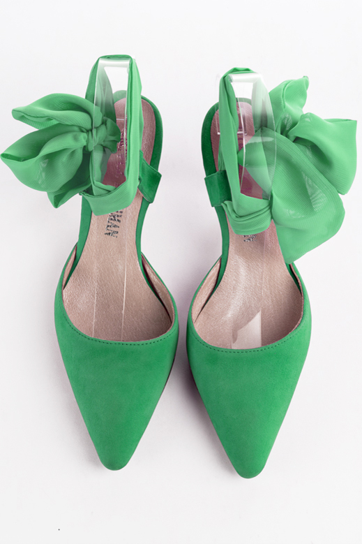 Emerald green women's open back shoes, with an ankle scarf. Tapered toe. Medium spool heels. Top view - Florence KOOIJMAN